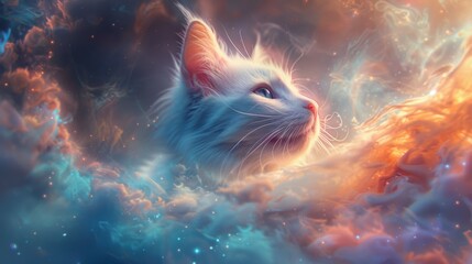 Galaxies in pastel colors, swirling around fluffy pet portraits, showcasing a magical blend of realism and whimsy
