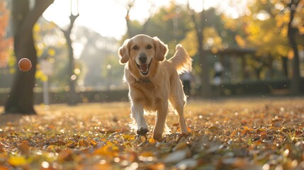 Enthusiastic dog playing fetch in a charming park setting