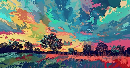 vector color seperation ::4 holographic 8-bit sky, a field near trees ::3 in the style of dreamy and romantic