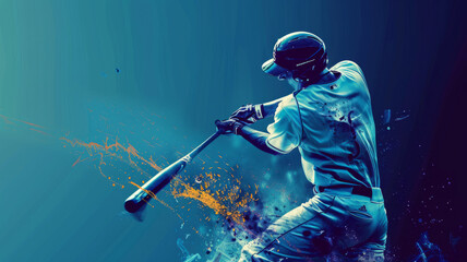Dynamic baseball batter in blue splatter style - Captivating image showing the intensity of a baseball batter mid-swing, enhanced by a dramatic blue splatter design emphasizing the power of the sport - obrazy, fototapety, plakaty