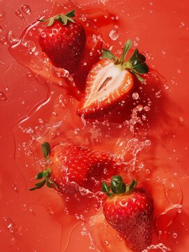 Strawberries caught in mid splash on red - Bright red strawberries with green stems in a refreshing water splash, reflecting natural vitality on a red backdrop that enhances the fruit's vibrancy