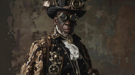 A regal black man is the subject of this portrait donning a top hat with a builtin monocle and a voluminous cape made of a mixture of lace and metal. His ensemble is complete with .