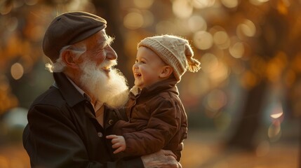 An older man tenderly holds a small child in his arms, showcasing a heartwarming moment of bonding and affection between generations. 