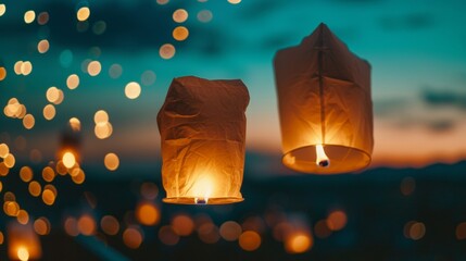 Two paper lanterns are floating in the air. They are illuminated from within, casting a soft glow as they drift upwards.