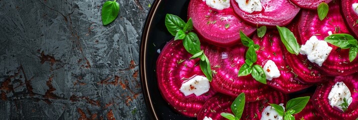Fototapeta na wymiar Beetroot salad with cheese on rustic background - Freshly sliced beets arranged with herbs and cheese on a rustic table, ideal for healthy lifestyle concept