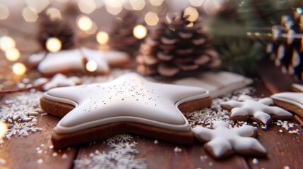 A close-up view of a star-shaped cookie placed on a wooden table surface. The cookie is intricately decorated with icing and sprinkles, highlighting its festive and delicious appearance.