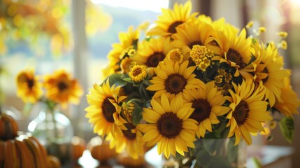 A vase sitting on a table filled with vibrant yellow sunflowers. The sunflowers are crowded together, creating a bright and cheerful display.