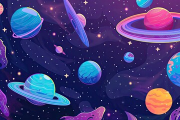 A spacethemed background with cartoonstyle planets and stars - obrazy, fototapety, plakaty