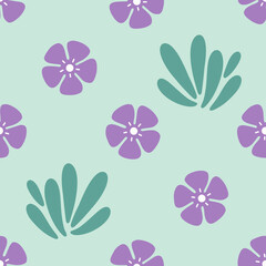 Pretty floral seamless pattern. Hand drawn flat purple scribbled flowers and grass scattered on light green background. Simple botanical raster allover illustration