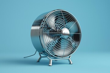 A fan is sitting on a blue surface. Summer heat concept