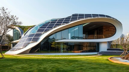 An energy-efficient building with a facade made of solar panels shaped like a giant sundial