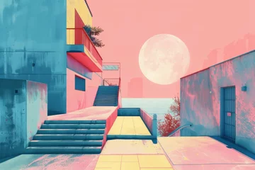 Cercles muraux Montagnes A pink and blue cityscape with a large moon in the sky. Risograph effect, trendy riso style