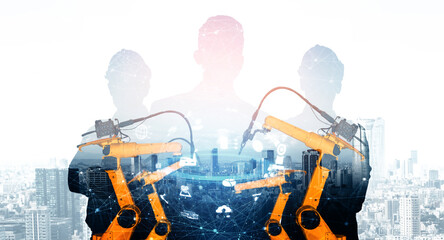 XAI Mechanized industry robot arm and factory worker double exposure. Concept of robotics...