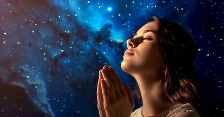 A woman praying against the backdrop of the star-filled sky. 