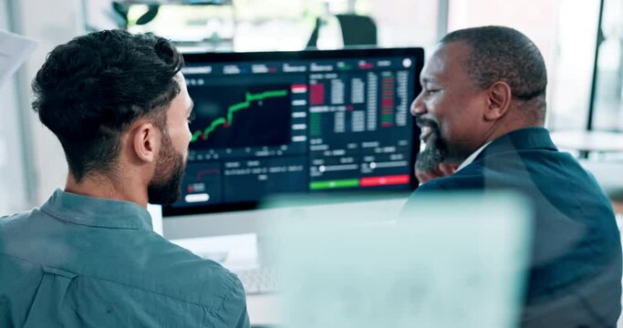 Business people, computer screen and stock market with men, charts and explain trading pattern with data analytics. Back, finance or teamwork with pc, graphs or help for investment, advice or economy