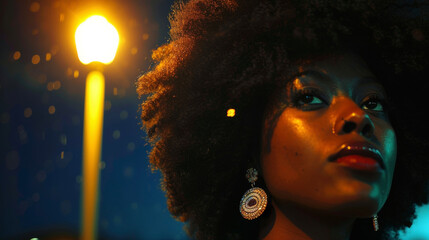 Illuminated by a single streetlight a black woman embraces her natural hair and features adorned with sparkling jewels and deep mystical makeup. As she stares into the distance it . - obrazy, fototapety, plakaty