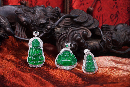 Imperial green jadeite jade Guan Yin (Avalokitesvara) and Smiling Buddha pendant. Beautiful Chinese style Burmese jadeite jade jewelry