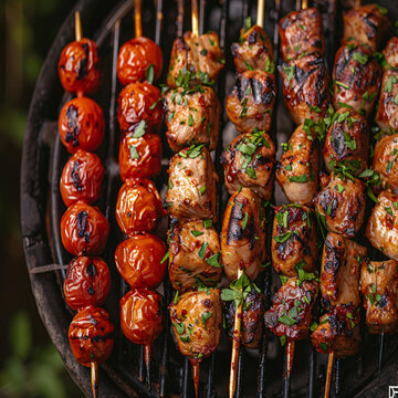  "Sizzling Barbecue Delights"
 The image titled "Sizzling Barbecue Delights" captures the enticing array of skewered meats and cherry tomatoes grilled to perfection, with char marks visible, highlight