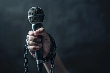 World press Freedom Day concept. Hand holding a microphone with chain on dark background - obrazy, fototapety, plakaty