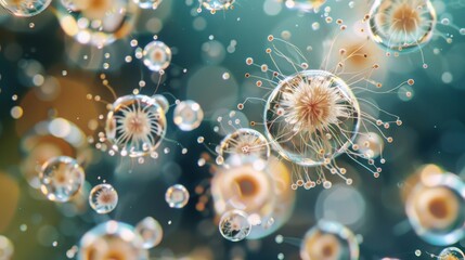 A group of pollen grains floating in a droplet of water giving a mesmerizing view of their minuscule size and spherical shapes. - obrazy, fototapety, plakaty