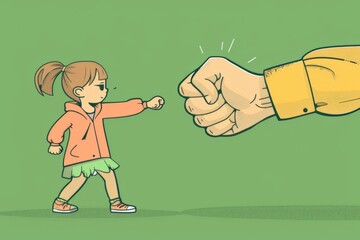 A little girl extends a fist and collides with a huge fist, flat illustration, Generative AI