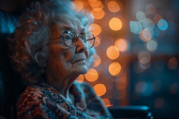 An elderly health care client in a nursing home. Backdrop with selective focus and copy space - obrazy, fototapety, plakaty