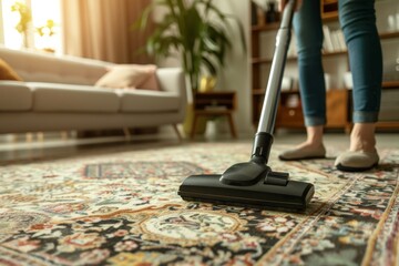 A hands of female cleaning service worker vacuums rug in living room, Generative AI