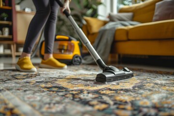 A hands of female cleaning service worker vacuums rug in living room, Generative AI