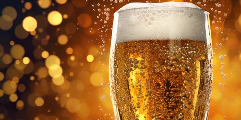 Poster A chilled glass of beer with frothy head, sparkling on a festive background © Виктория Попова