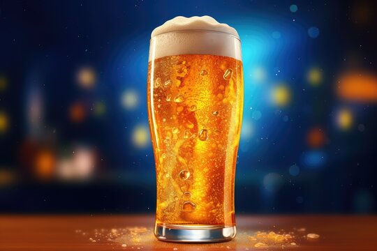 A chilled glass of beer with frothy head, sparkling on a festive background