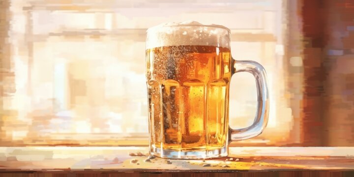 Watercolor of a foamy beer mug in a warm, inviting pub setting. A glass of beer