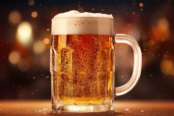 Fotobehang A chilled glass of beer with frothy head, sparkling on a festive background © Виктория Попова