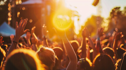 Crowd at a music festival raising hands up in the air