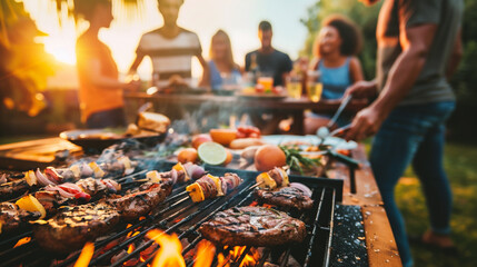Group of friends having barbecue party outdoors - People having fun on summer vacation