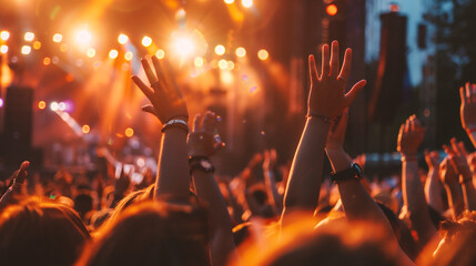 Crowd at a music festival raising hands up in the air - obrazy, fototapety, plakaty