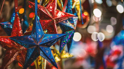 Colorful star on christmas market. Christmas and New Year background
