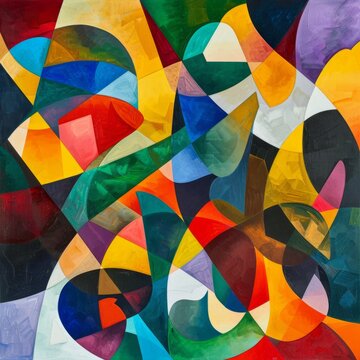 Colorful abstract geometric art painting - Vibrant, abstract geometric shapes interlock in a composition full of color and dynamic movement