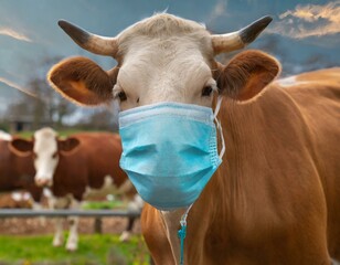 Cow wearing a face mask illustrating transmission of animal viruses to humans