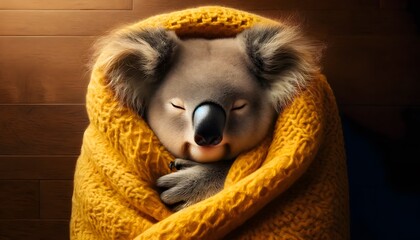 A serene koala wrapped in a soft yellow blanket, sound asleep