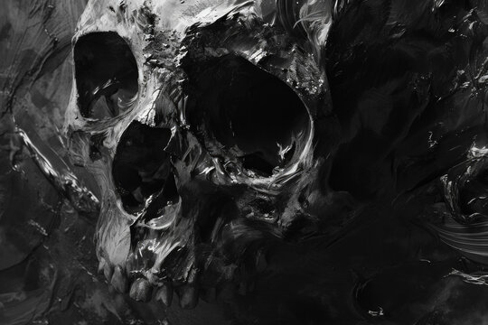 The skull is drowning in oil. Backdrop for design with selective focus and copy space.