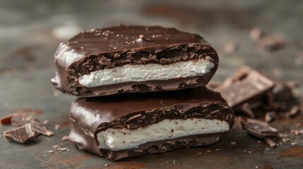 Detailed shot of a peppermint patty emphasizing the crisp chocolate coating and creamy interior - obrazy, fototapety, plakaty