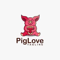Cute pig hug a heart love logo mascot cartoon on white background