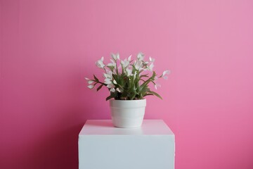 White pedestal against a pink wall background