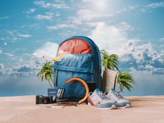 equipment for preparing to travel, passport bag shoes headphones camera travel concept, sky and sea background,