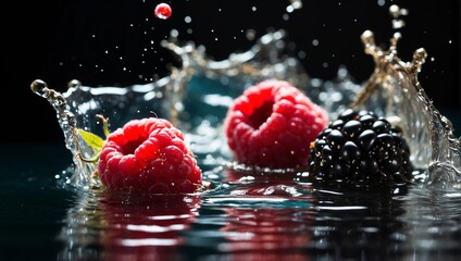 Blackberries and raspberries are floating in water and have water droplets splashing around them.

 - obrazy, fototapety, plakaty
