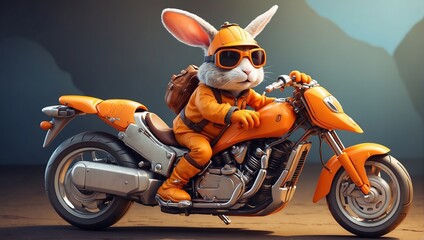A cartoon rabbit in an orange jumpsuit and goggles rides an orange motorcycle.

