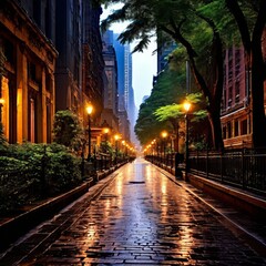 Obraz premium illustration, a reflection of the dark street on the wet pavement, ai generative