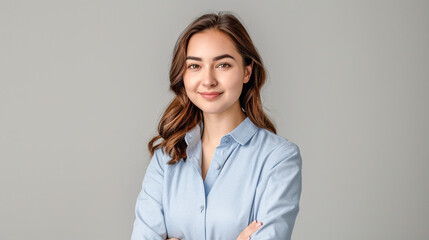 Happy young smiling confident professional business woman wearing blue shirt, pretty stylish female executive looking at camera, standing arms crossed isolated at gray background, Generative AI