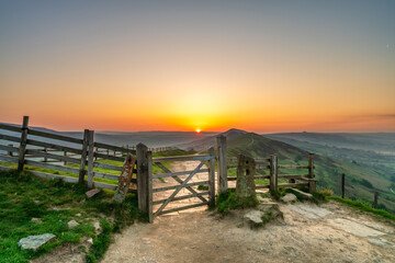 The Great Ridge at sunrise. Mam Tor hill panorama in Peak District. United Kingdom 