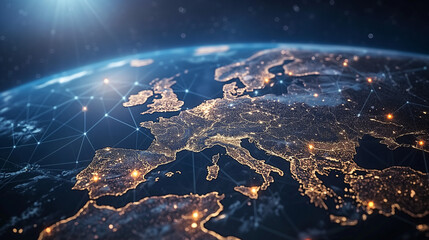Communication technology with global internet network connected in Europe. Telecommunication and data transfer european connection links. IoT, finance, business, blockchain, security.  - obrazy, fototapety, plakaty